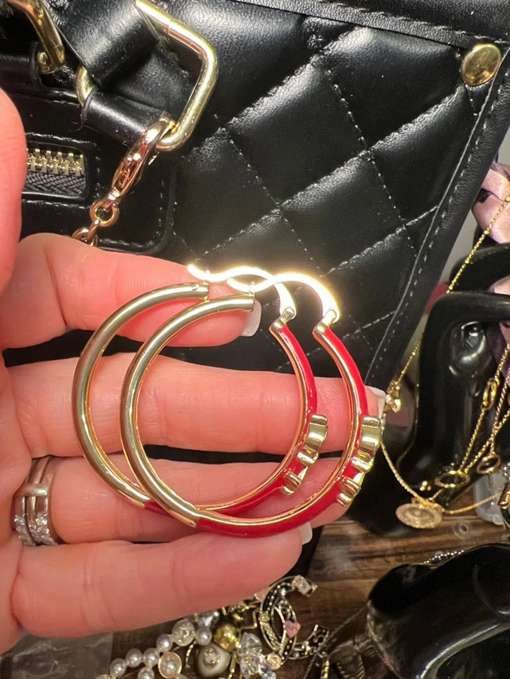 Gold Emblem Red Enamel Hoop Earrings - Picture 7 of 10